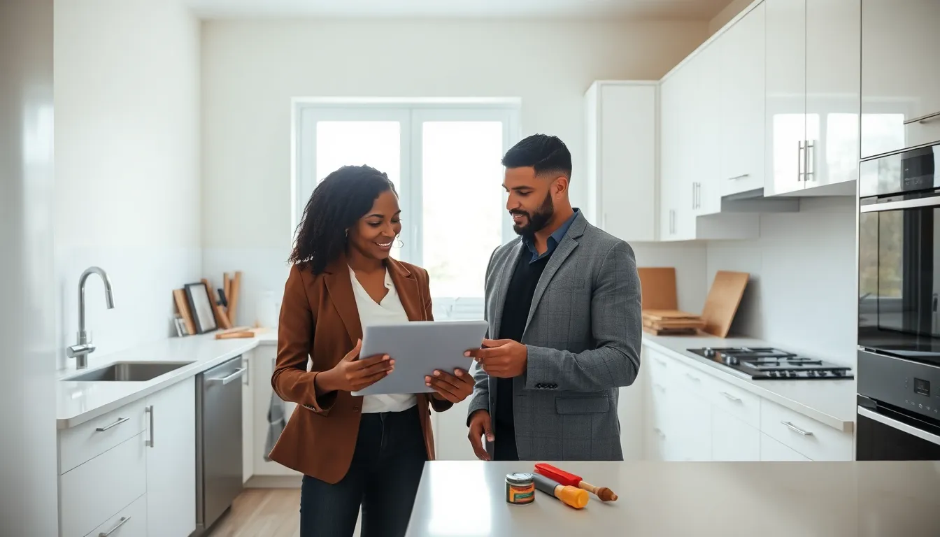 professionals discussing home renovation plans in a modern kitchen.