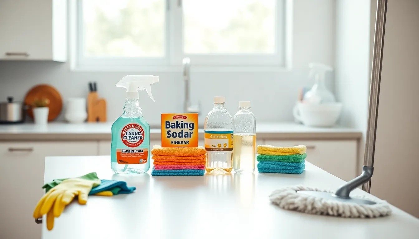 variety of cleaning supplies displayed in a modern kitchen setting.