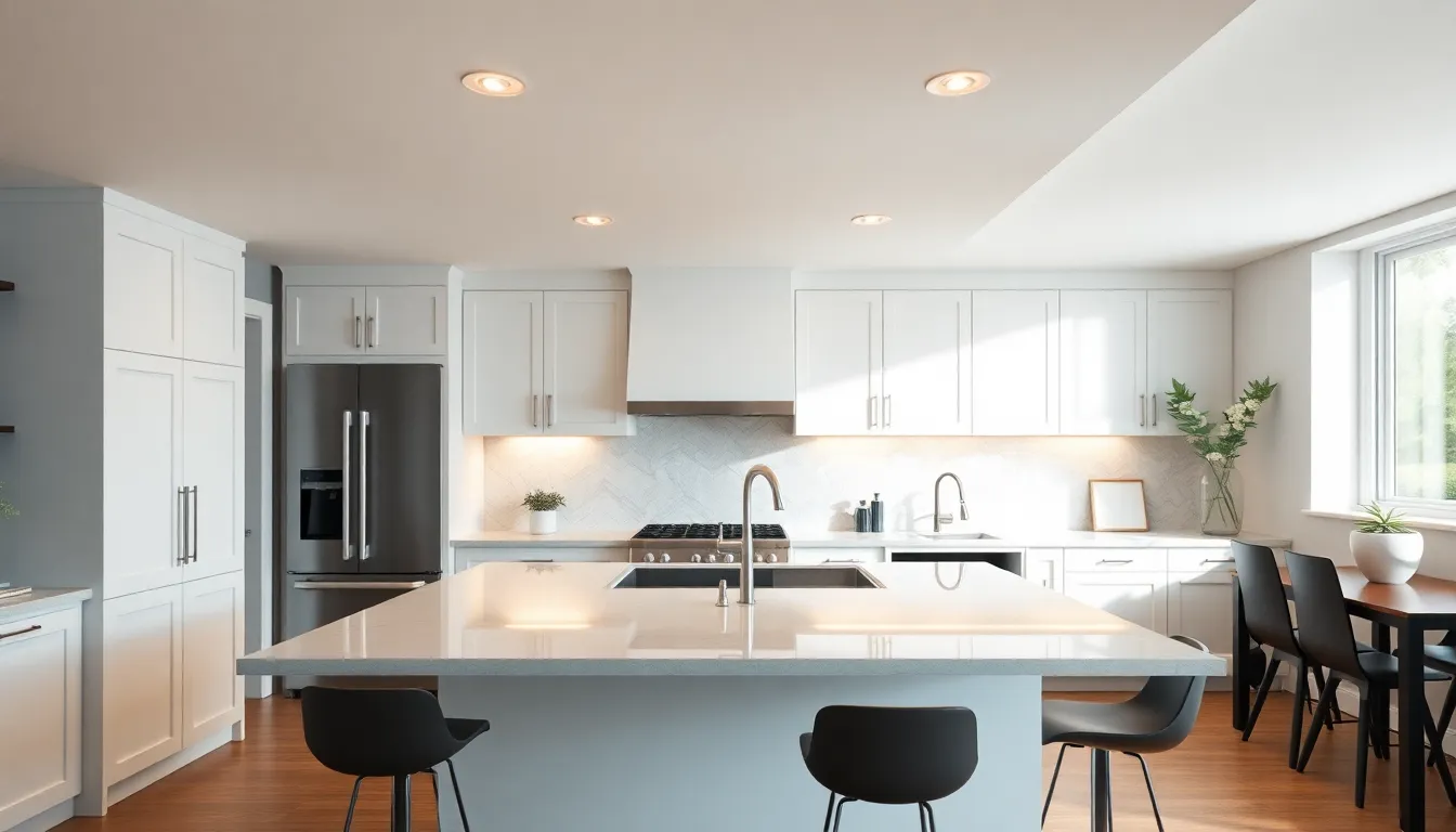 modern kitchen with stylish flush mount lighting fixtures.