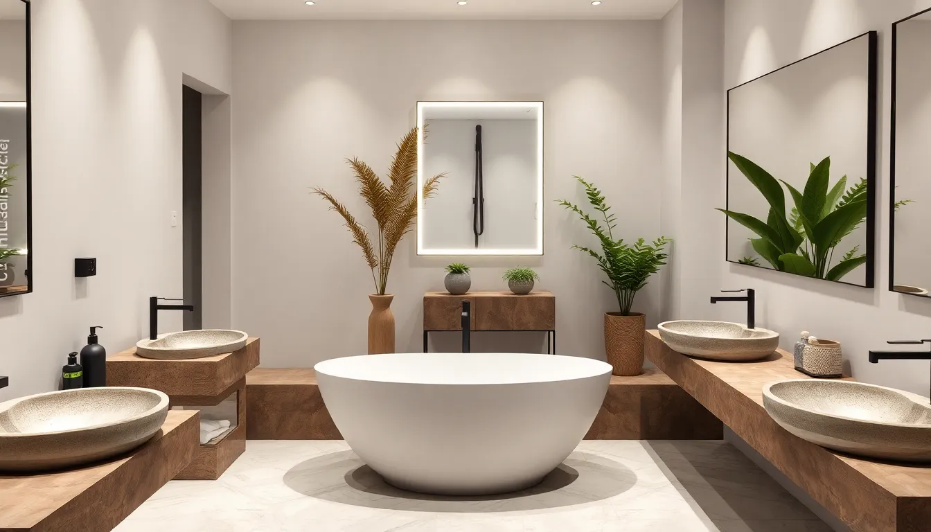 modern bathroom with freestanding bathtub and natural stone sinks.