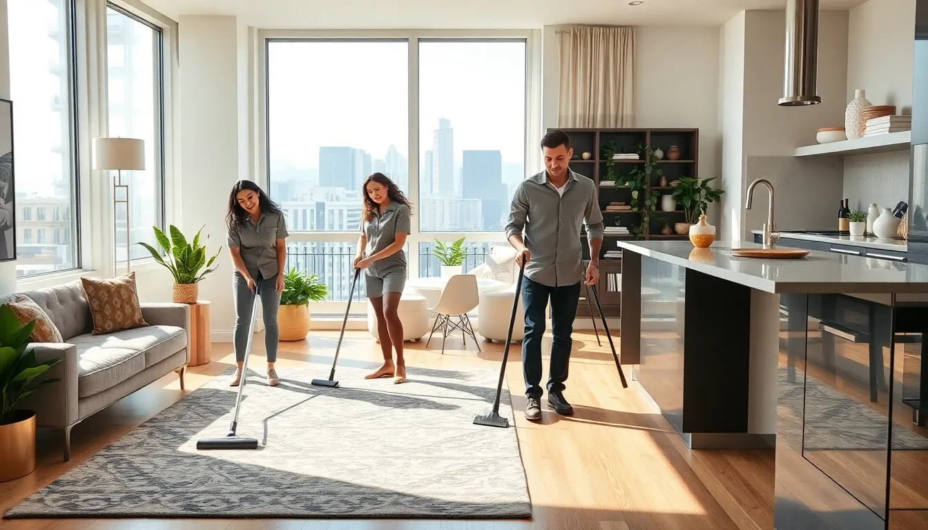 diverse cleaning team working in a modern San Francisco apartment.